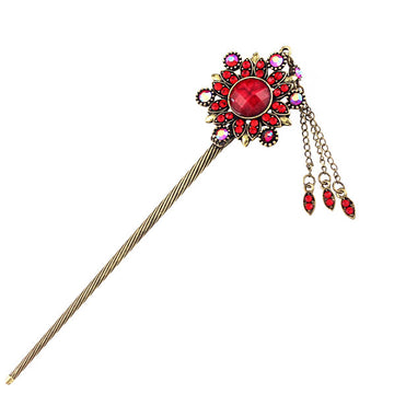 Topaz Rhinestone Antique Brass Hair Stick Circle with Tassels